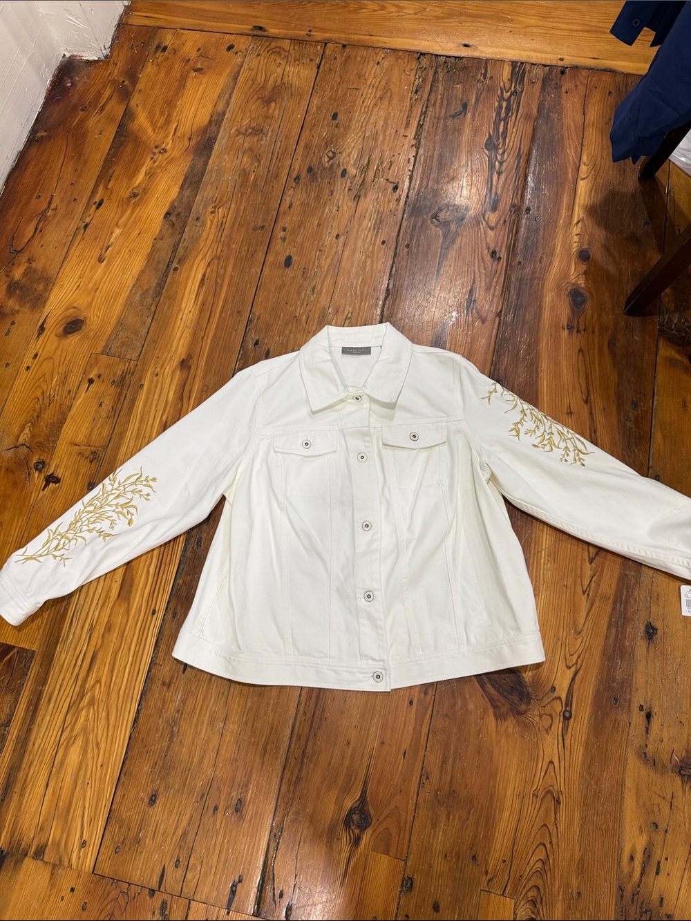 Kate Hill Cream Jean Jacket with Gold Embroidered Sleeves size 16W NWT